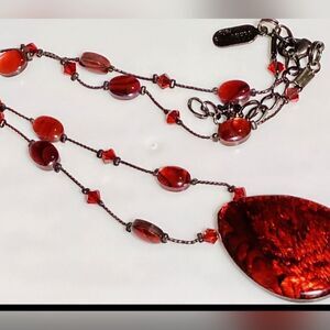 VTG DABBY REID Designer Signed Red Abalone Swarovski Crystal Necklace 18” Ext